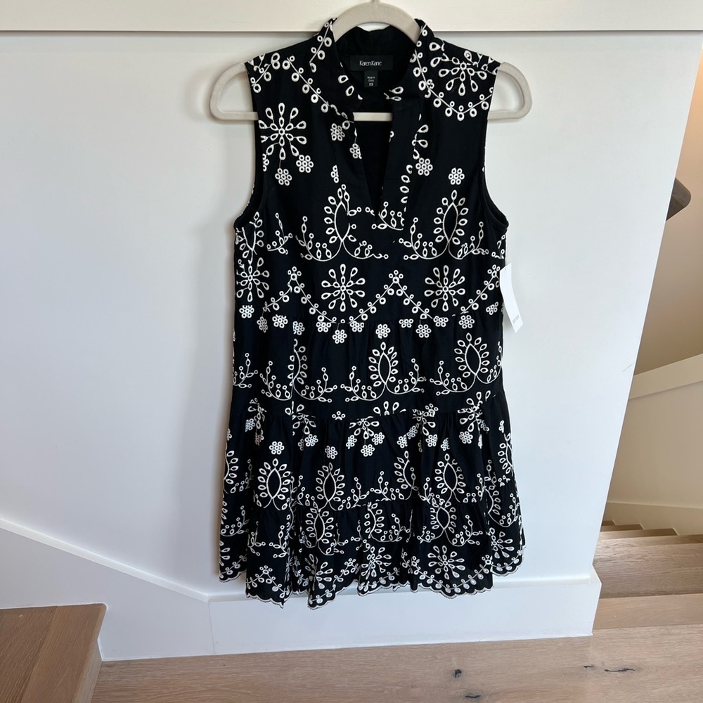 Karen Kane Eyelet Embroidered Sleeveless Tiered Cotton Dress Black and White XS - Picture 5 of 16